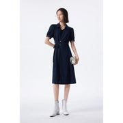 navy dress with lace-up waistband, view 5 - MRSLM