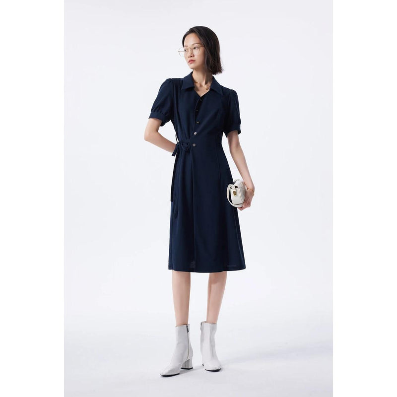 navy dress with lace-up waistband, view 5 - MRSLM
