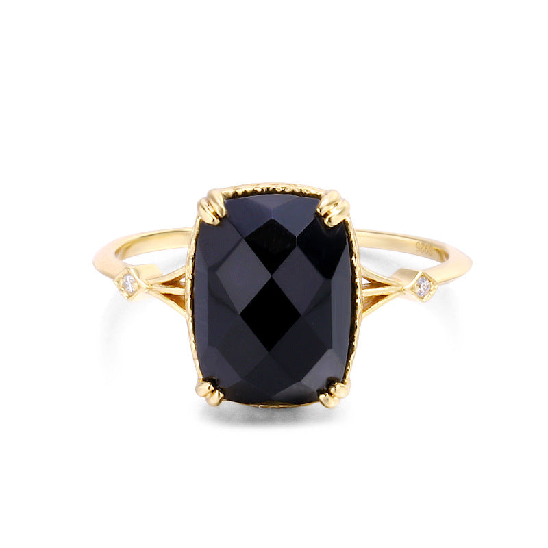 retro rectangular black agate 925 silver ring, view 2 - MRSLM
