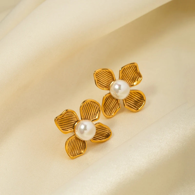 18k gold plated flower earrings with shell beads, view 4 - MRSLM