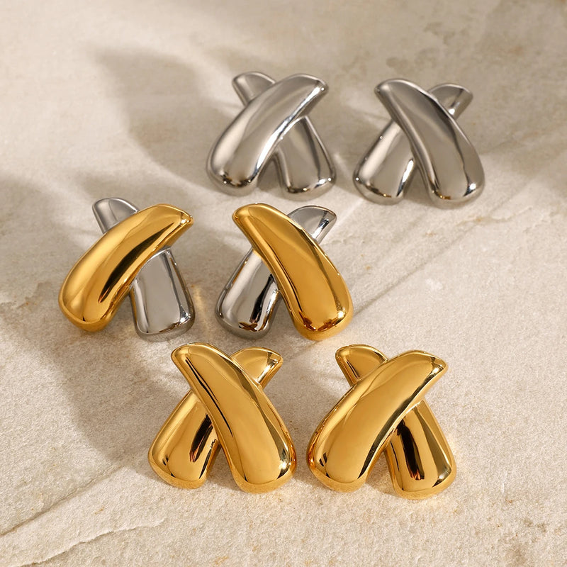 gold plated chubby X stud earrings, view 6 - MRSLM