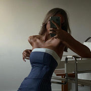 striped lapel tube top dress, view 9 - MRSLM