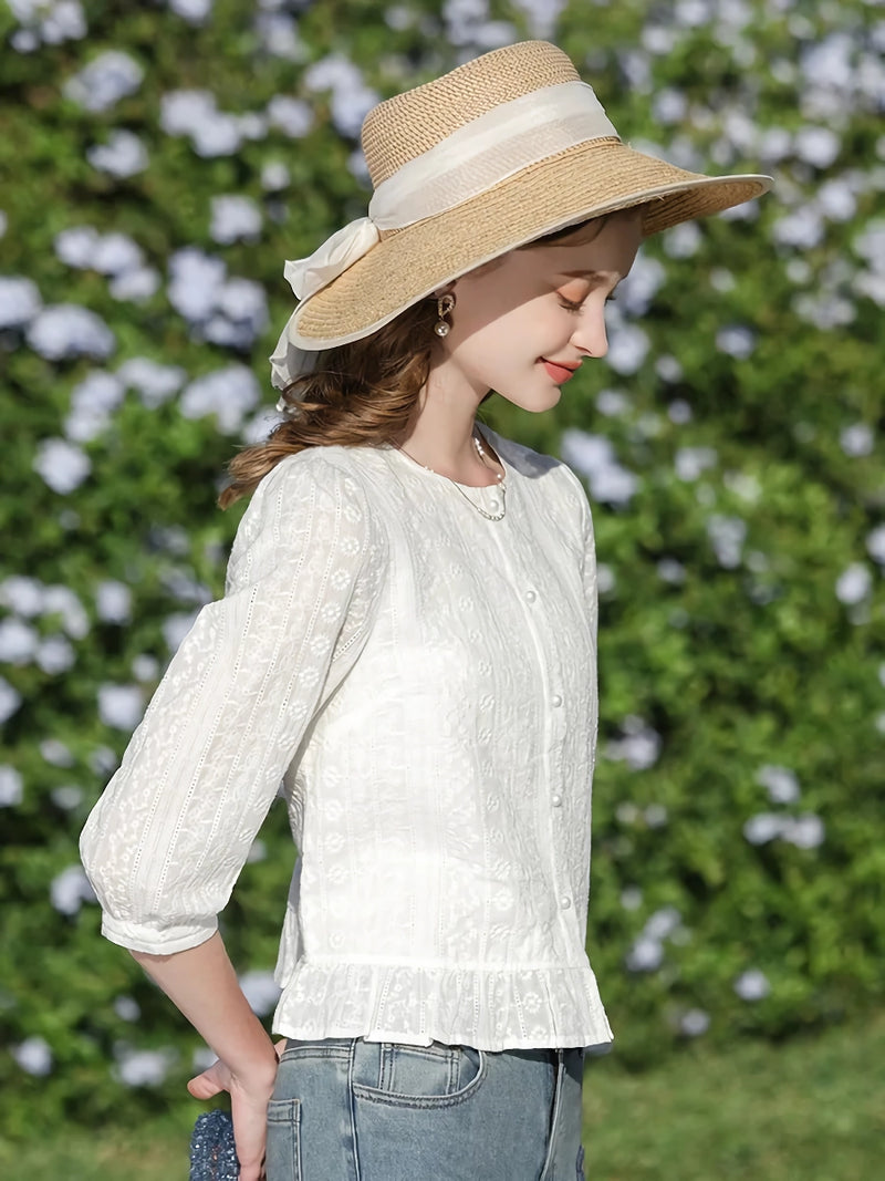 white cotton puff sleeve blouse, view 3 - MRSLM