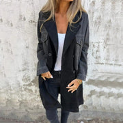 suit collar denim stitching mid-length coat, view 10 - MRSLM