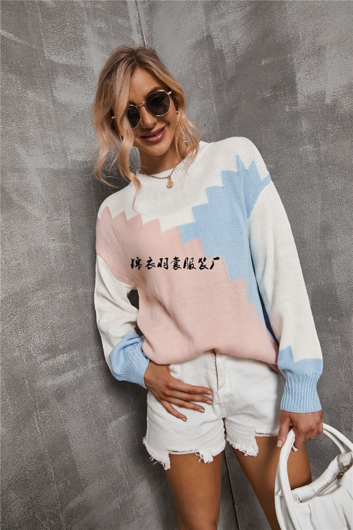 loose patchwork round neck sweater, view 7 - MRSLM