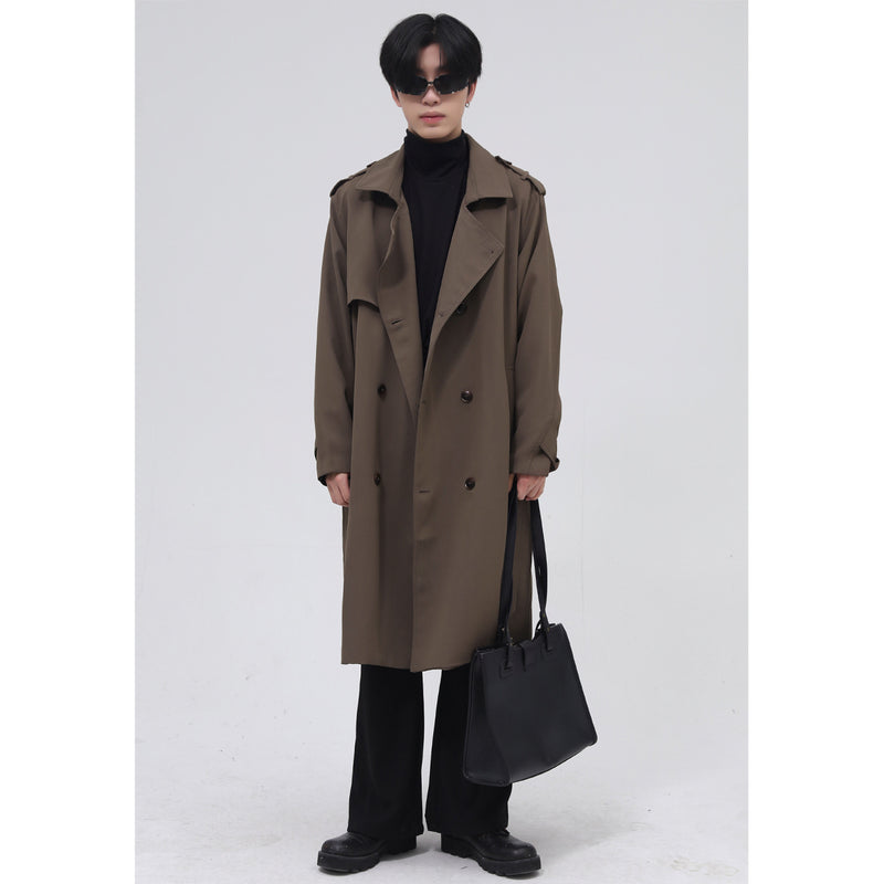 double breasted simple trench coat men with belt, view 7 - MRSLM