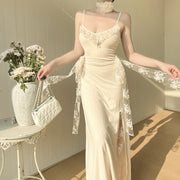 Strap lace patchwork slit dress, view 2 - MRSLM