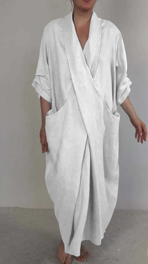 Women's linen V-neck dress with pockets, view 7 - MRSLM