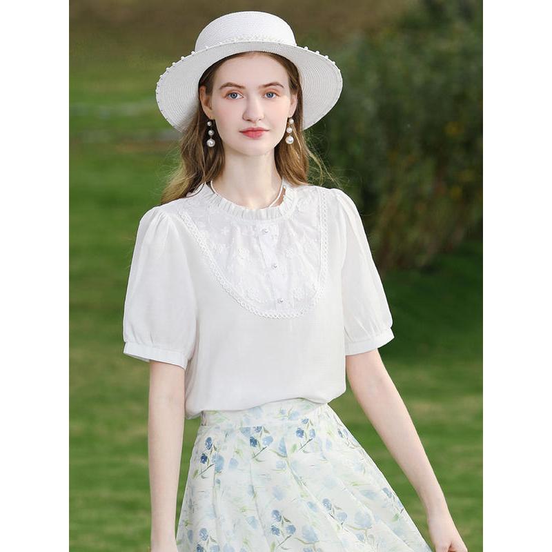 white lace puff sleeve blouse, view 5 - MRSLM