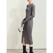 retro lapel knitted dress with metal buckle, view 8 - MRSLM
