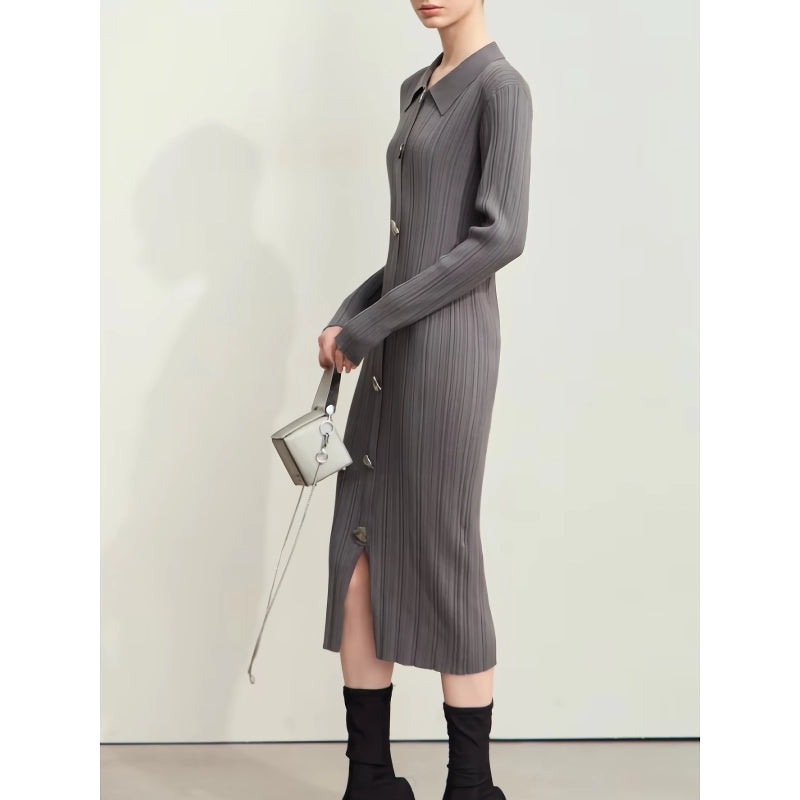 retro lapel knitted dress with metal buckle, view 8 - MRSLM