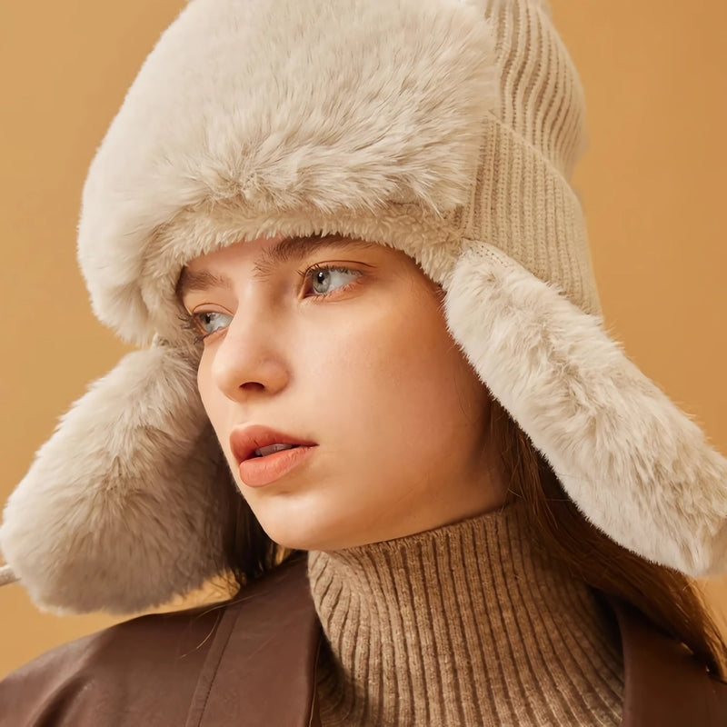 Women's faux fur knitted beanie with earflaps, view 6 - MRSLM