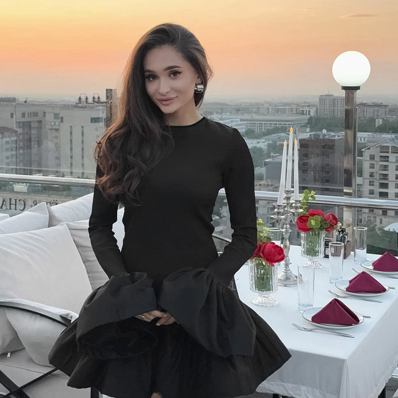 contrast color long sleeve swing dress, view 7 - MRSLM