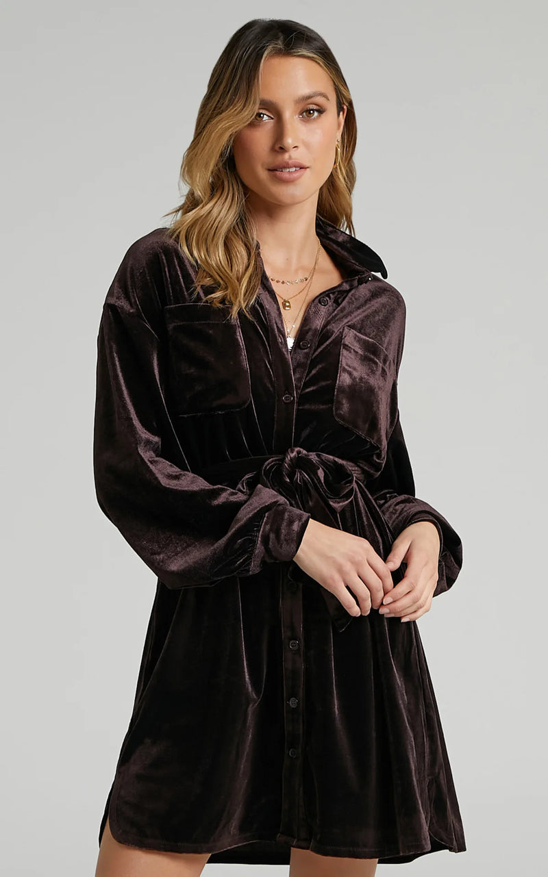 women's velvet long sleeve mini dress, view 6 - MRSLM