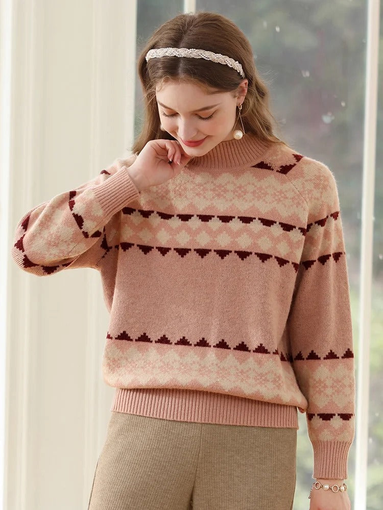 women's mock neck jacquard sweater, view 4 - MRSLM