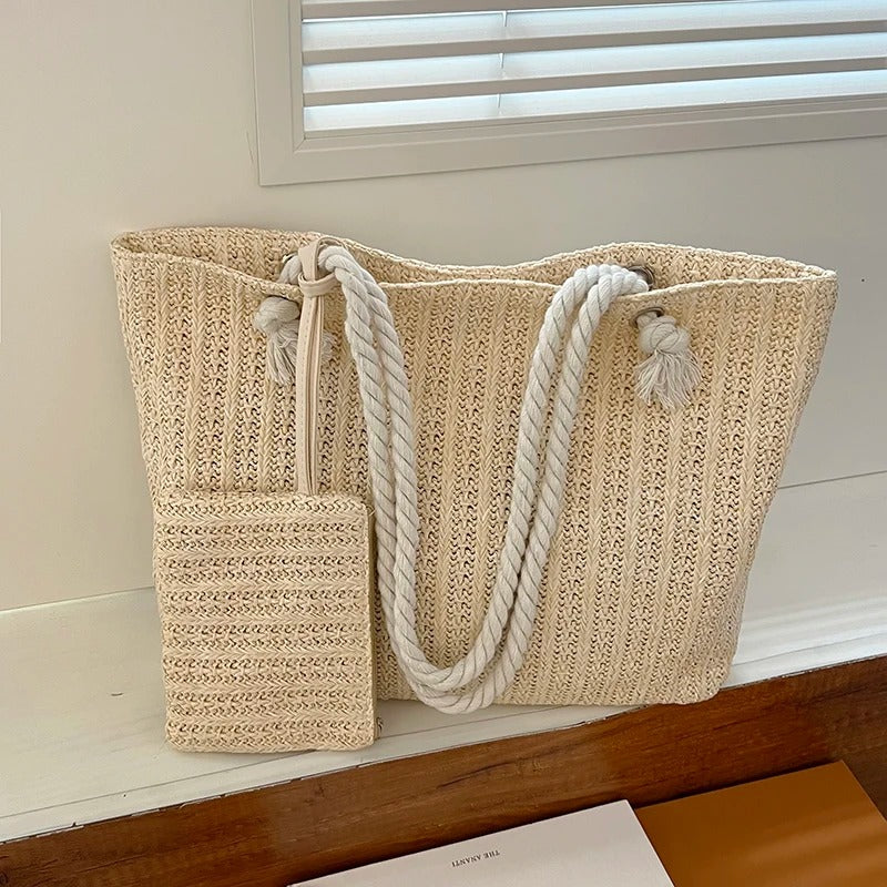 woven summer straw tote bag with mini purse - MRSLM