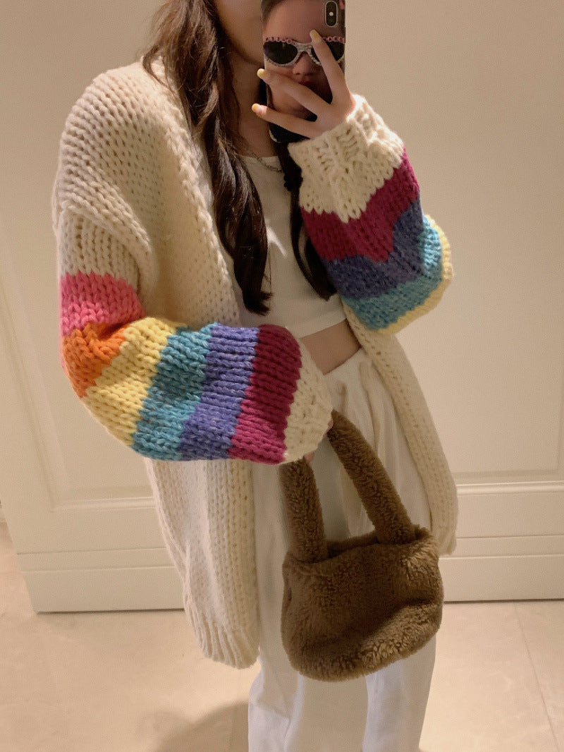 women's colorful spliced cardigan sweater coat, view 2 - MRSLM