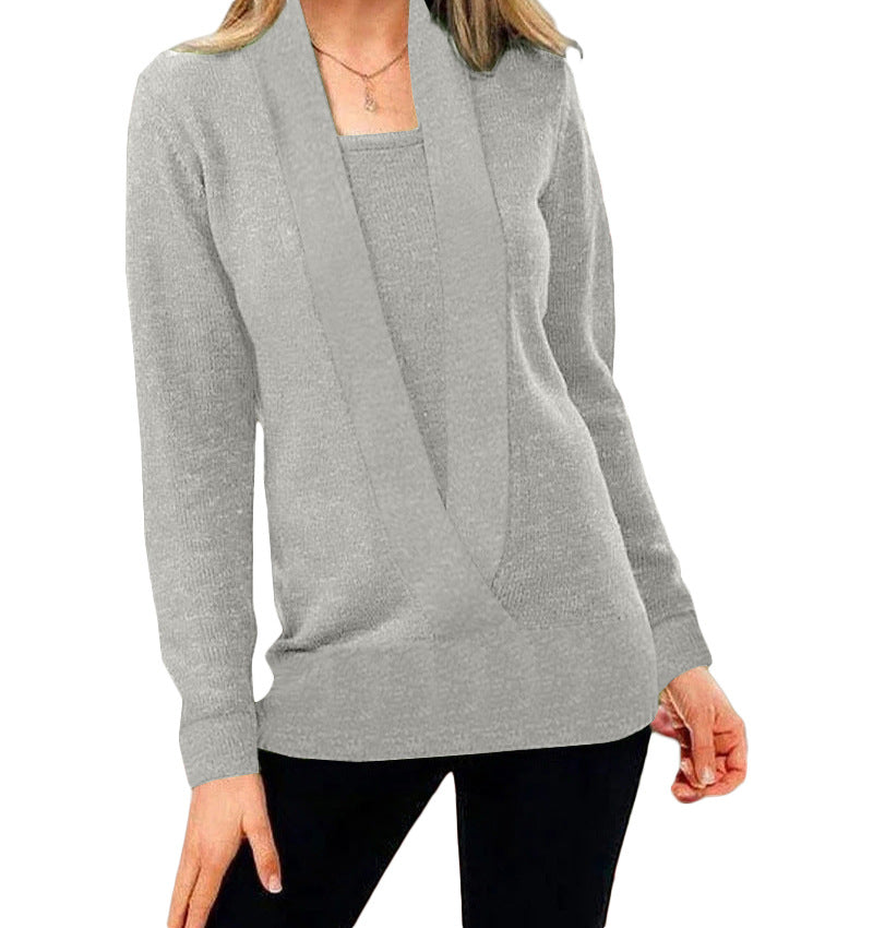 Knitted Solid Color Deep V-neck Long Sleeved Sweater For Women