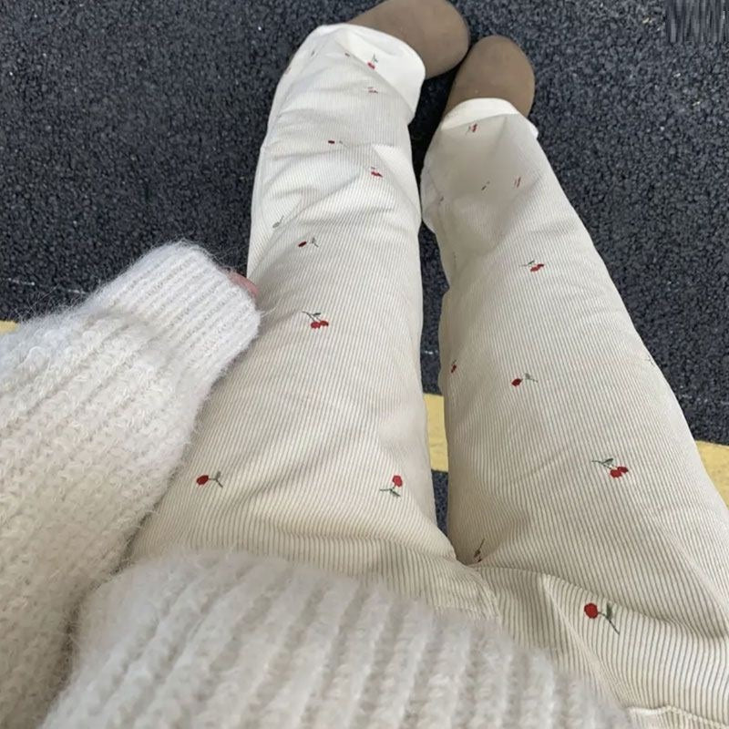 Retro Cherry Embroidered Corduroy Straight Casual Trousers