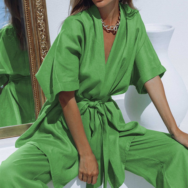women's cotton linen top and pants set, view 9 - MRSLM