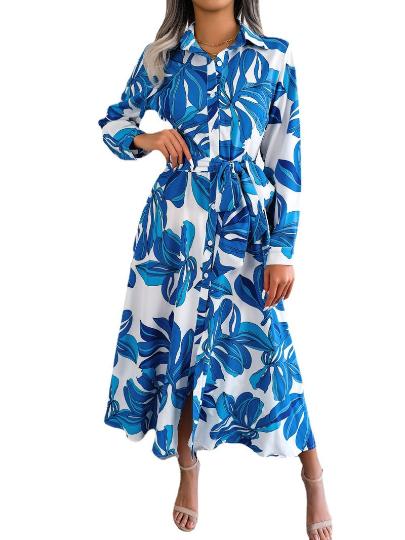floral lapel shirt dress with long skirt, view 4 - MRSLM