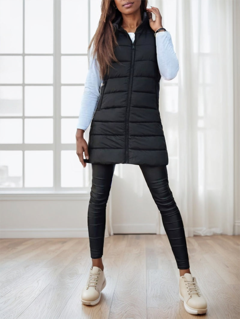 Women's long hooded puffer vest, view 2 - MRSLM