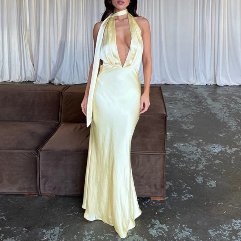 yellow halter long dress, view 3 - MRSLM