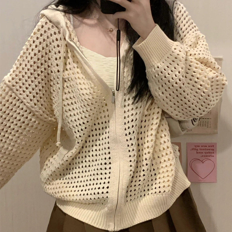 women's hollow-out hooded knit cardigan - MRSLM