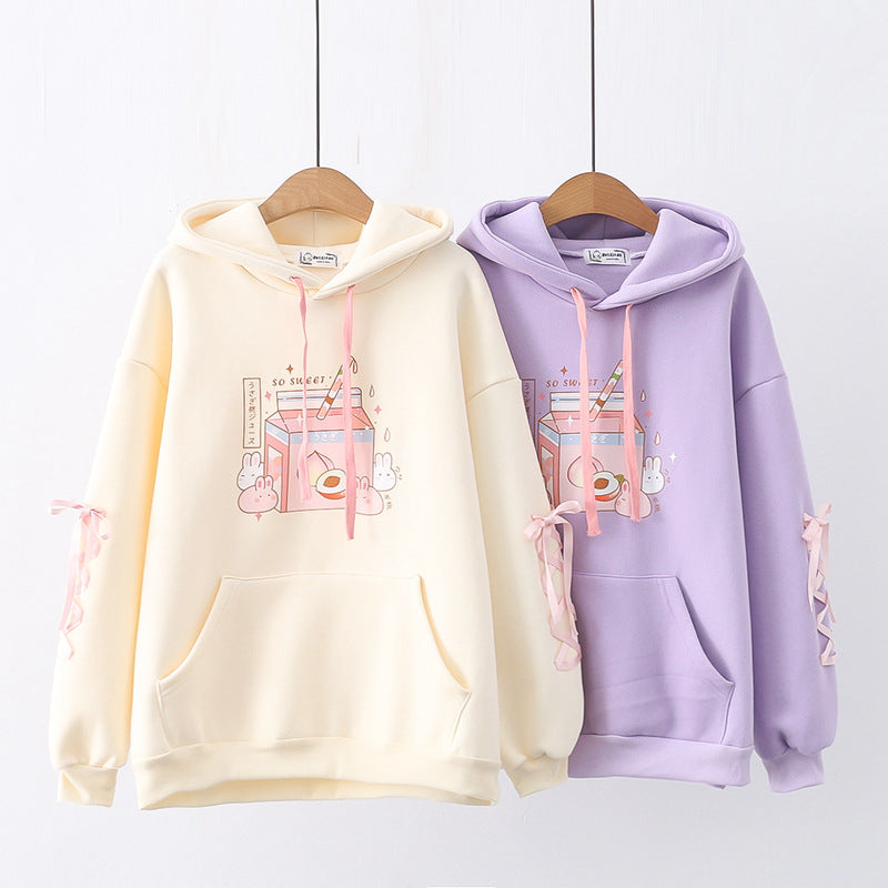 cartoon bunny peach drink fleece hoodie - MRSLM