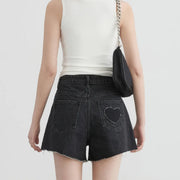 high waist asymmetric hem denim shorts, view 5 - MRSLM