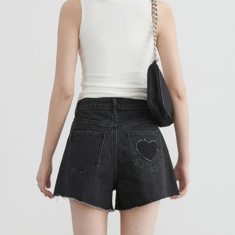 high waist asymmetric hem denim shorts, view 5 - MRSLM