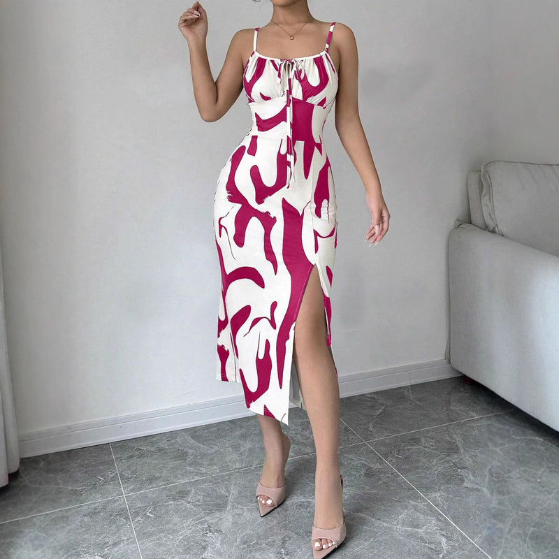 Printed suspender split dress with lace-up waist, view 7 - MRSLM