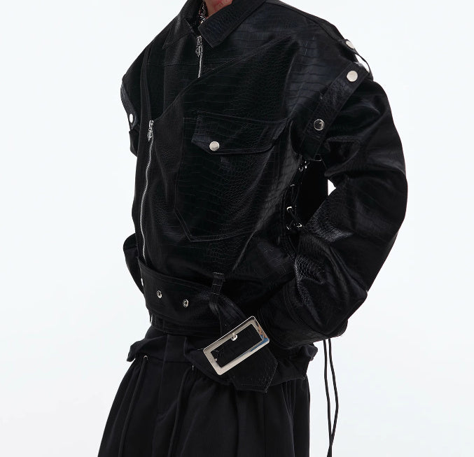 padded shoulder pu leather coat, view 3 - MRSLM