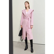 hooded long wool overcoat with belt, view 2 - MRSLM