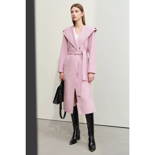 hooded long wool overcoat with belt, view 2 - MRSLM