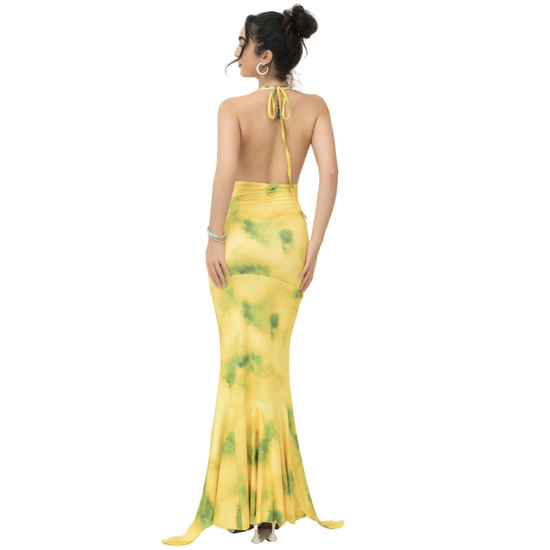 halter deep V printed long dress, view 5 - MRSLM