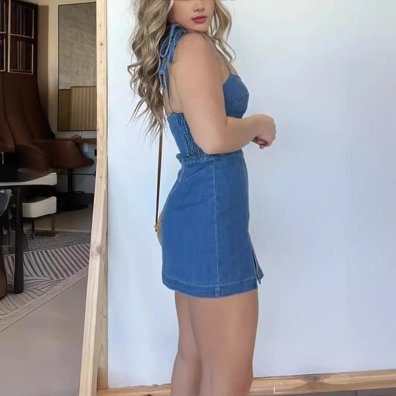 Square neck suspender split denim dress, view 2 - MRSLM
