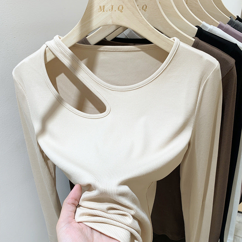 women's cut-out collarbone long sleeve tee, view 3 - MRSLM