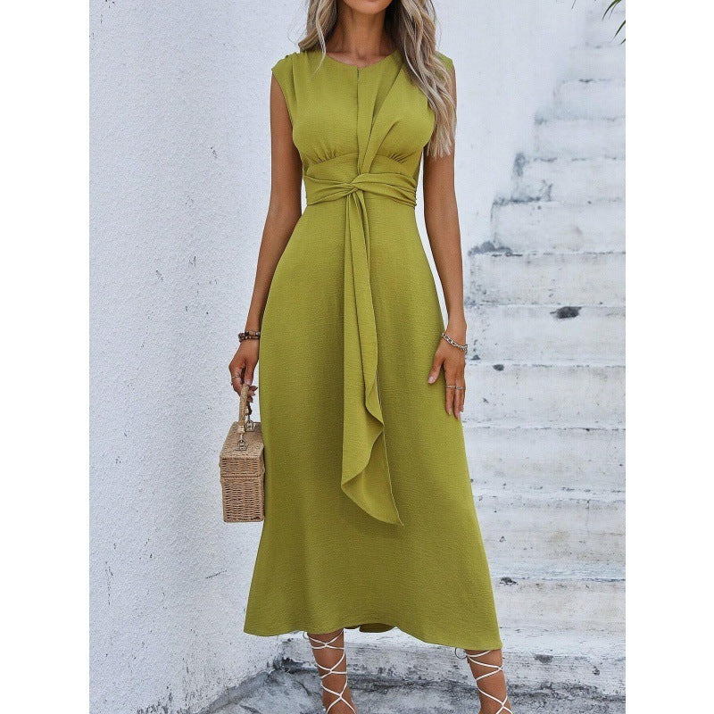 solid color waist tied dress for women, view 7 - MRSLM
