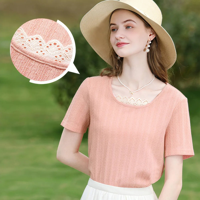 lace edge short-sleeve t-shirt, view 5 - MRSLM