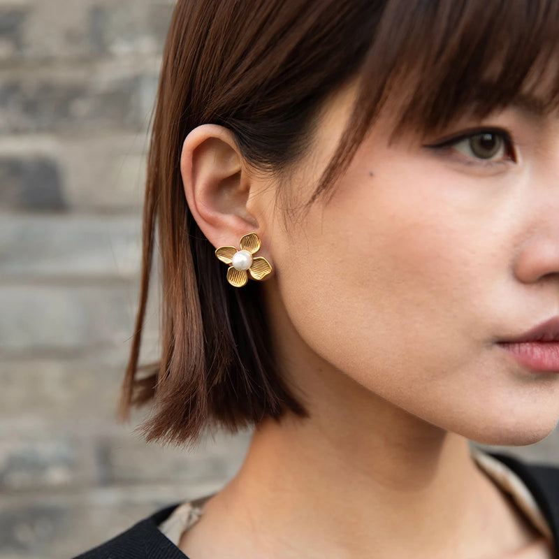 18k gold plated flower earrings with shell beads, view 3 - MRSLM