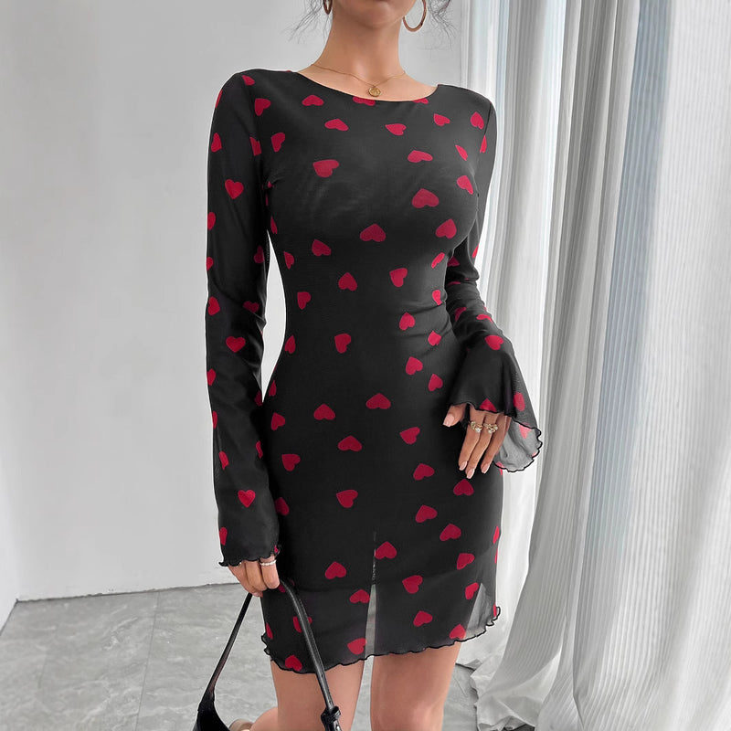 heart print flare sleeve backless mesh dress, view 4 - MRSLM