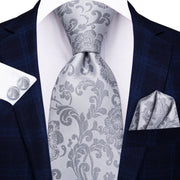 silver grey floral silk necktie set for men, view 2 - MRSLM