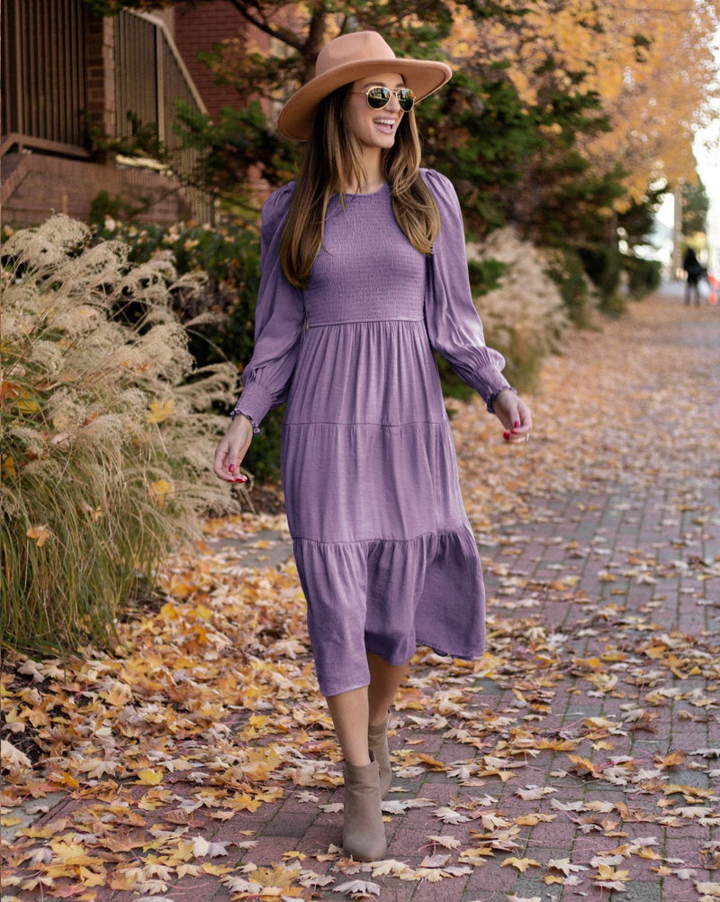 retro round-neck smocking dress, view 8 - MRSLM