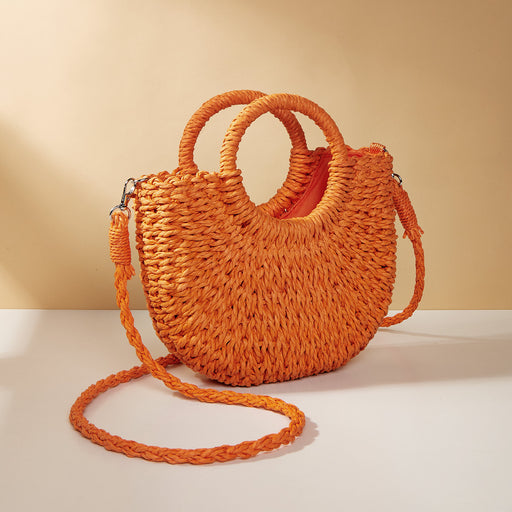 half moon straw woven beach shoulder bag, view 6 - MRSLM