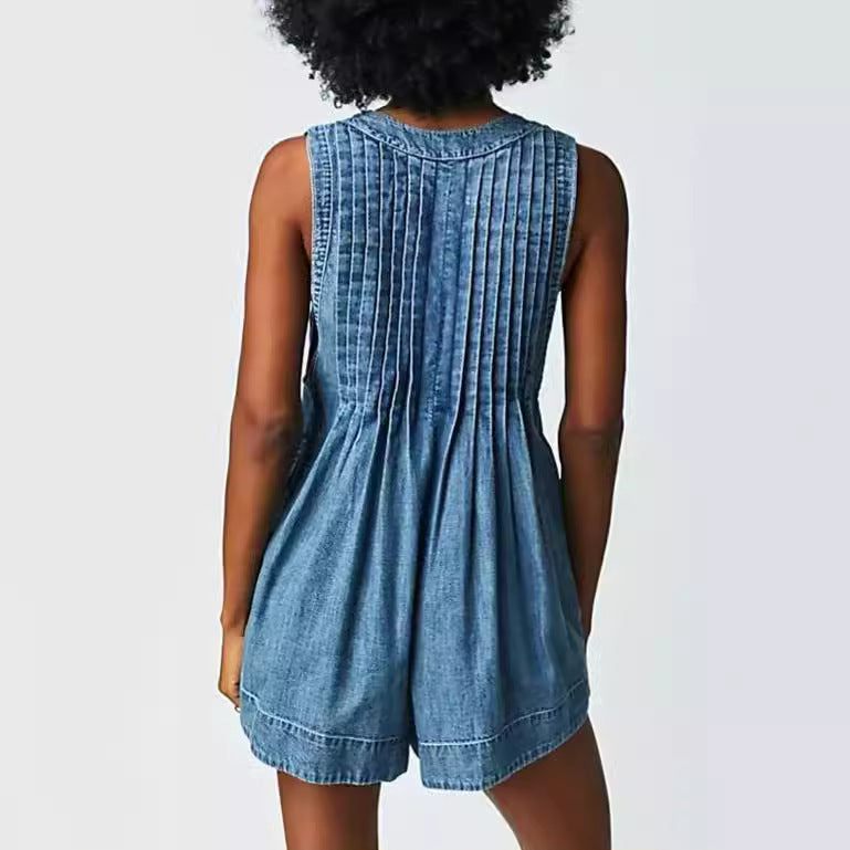 v-neck sleeveless denim shorts jumpsuit, view 4 - MRSLM