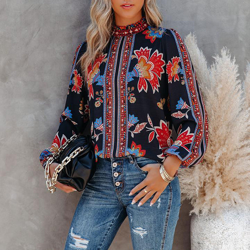 women's printed long sleeve loose shirt, view 3 - MRSLM