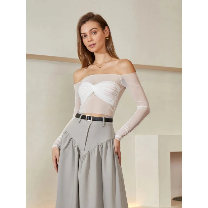 off-shoulder twist front sheer blouse, view 2 - MRSLM