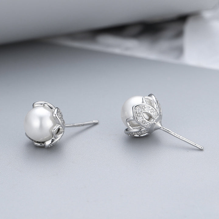 S925 Sterling Silver Simple Flower Pearl Stud Earrings New Micro Inlaid Zircon