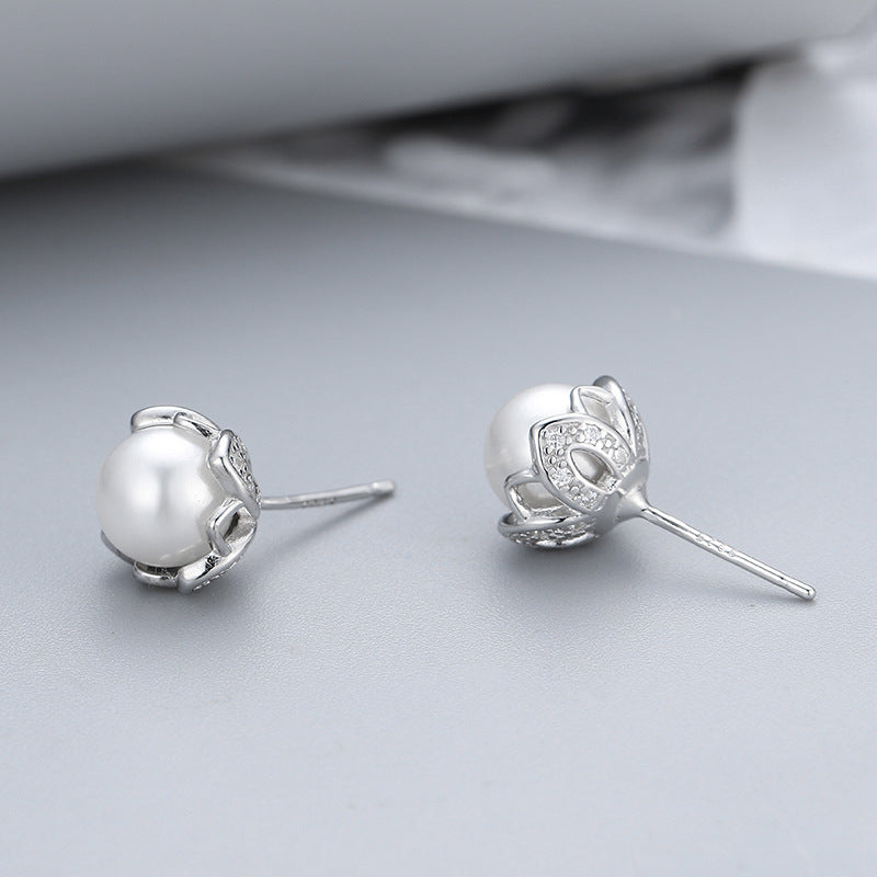 S925 silver flower pearl stud earrings, view 4 - MRSLM
